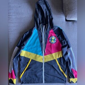 Reason Colorblock Hooded Raincoat in Black, Blue, Pink & Yellow